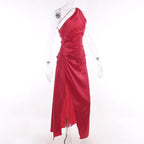 Slit solid satin one shoulder irregular ruched maxi dress