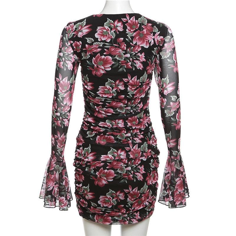 Flower print contrast hollow out long flared sleeve mini dress