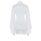 Long flared sleeve high neck ruched buckle solid mini dress