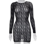 Fishnet see through long sleeve hollow out mini dress