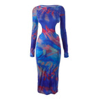 Hollow out contrast print long sleeve ruched mesh patchwork midi dress