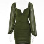 Mesh solid long sleeve ruched notch neck zip-up mini dress