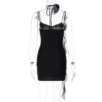 Flower applique solid backless v neck ribbon cami mini dress