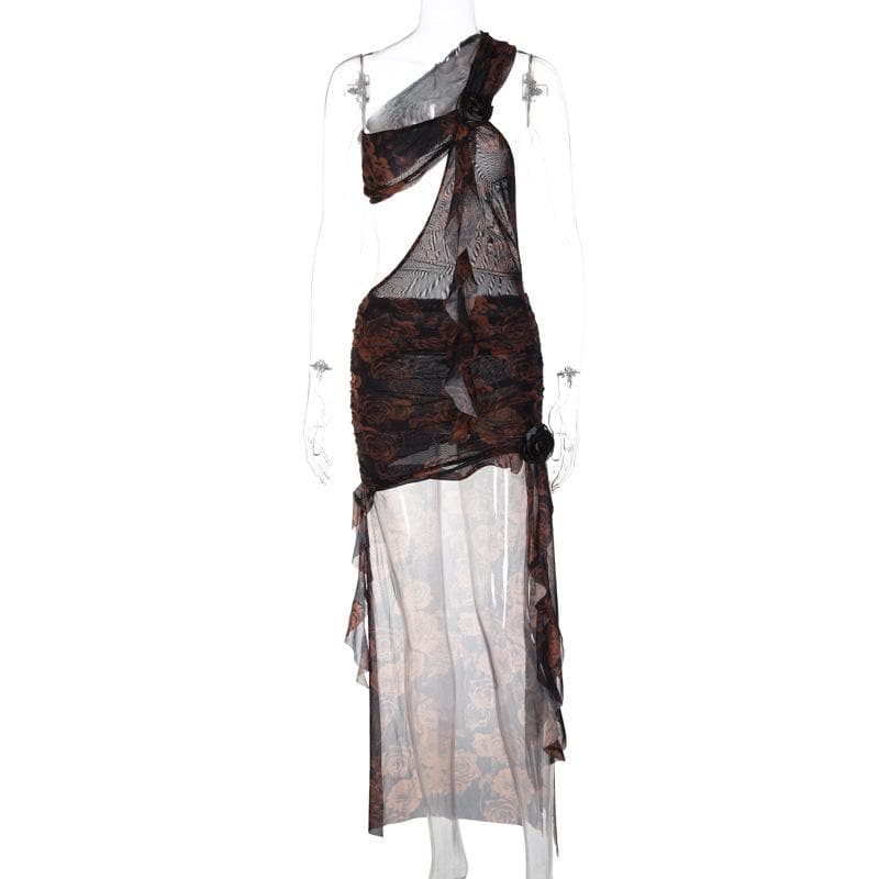 One shoulder ruffle flower print hollow out irregular slit midi dress