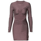 Long sleeve solid ruched o ring hollow out mini dress