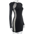 Fishnet patchwork long sleeve crewneck mini dress