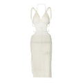 Knitted solid v neck sleeveless hollow out backless self tie midi dress
