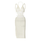 Knitted solid v neck sleeveless hollow out backless self tie midi dress