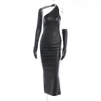Gloves solid PU leather irregular one shoulder slit midi dress