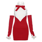 Bowknot contrast halter fluffy gloves backless mini dress
