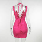 Halter o ring lace up lace backless hollow out solid mini dress