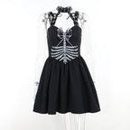 Halter backless v neck skull pattern ruched mini dress