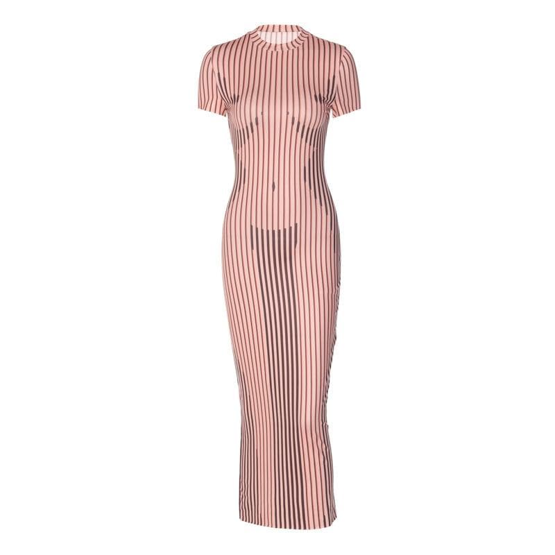 Crewneck body pattern short sleeve striped contrast midi dress