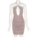 Hollow out ruched halter tie back bodycon dress