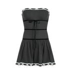 Ribbed lace hem contrast ruched backless tube mini dress