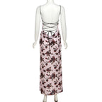 Flower print low cut spaghetti strap contrast lace up backless midi dress