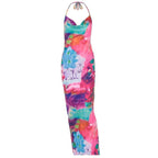 Cowl neck halter backless ruched flower print maxi dress