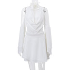 Cowl neck solid halter backless off shoulder long sleeve zip-up mini dress