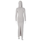 Hoodie solid long sleeve cowl neck slit maxi dress