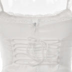 Lace hem solid cap sleeve zip-up ruched lace up mini dress
