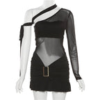 Ruffle contrast buckle one shoulder irregular ruched mesh mini dress