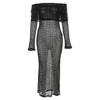 Textured glitter off shoulder long sleeve see through maxi dress