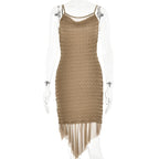 Textured mesh solid ruched irregular cami midi dress