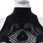 Fishnet sleeveless hollow out high neck see through mini dress