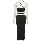 Hollow out deep v neck solid slit maxi dress