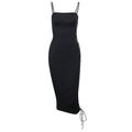 Lace up solid irregular backless square neck midi dress