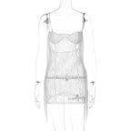 Tassels low cut see through lace solid backless cami mini dress