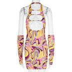 Ripple contrast hollow out gloves halter backless mini dress