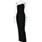 Metal chain one shoulder solid slit maxi dress
