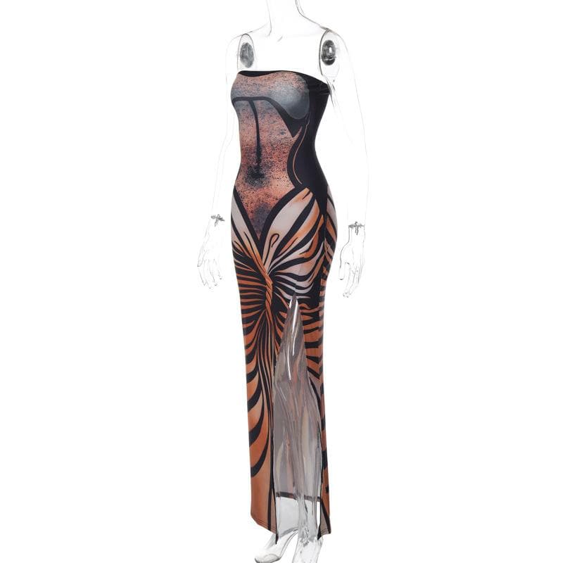 Lace up contrast print slit backless tube maxi dress