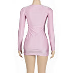 Solid v neck long sleeve mini dress