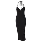 Sleeveless solid hollow out slit self tie backless midi dress