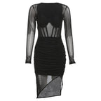 Corset mesh long sleeve solid v neck ruched irregular mini dress