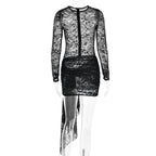 Lace see through long sleeve zip-up self tie ruched mini dress