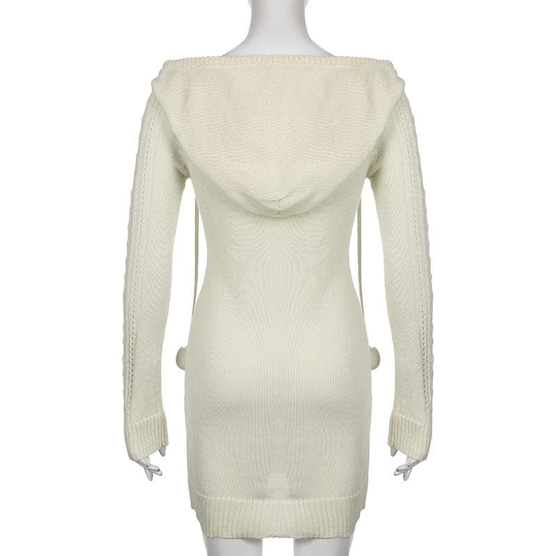 Crochet solid long sleeve hoodie v neck hairball mini dress - Final Sale
