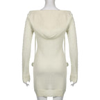 Crochet solid long sleeve hoodie v neck hairball mini dress - Final Sale