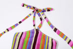 Halter self tie backless striped contrast maxi dress