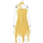 Mesh ruffle ribbon irregular solid backless tube mini dress
