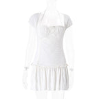 Halter square neck ruched textured short sleeve mini dress