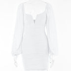 Mesh solid long sleeve ruched notch neck zip-up mini dress
