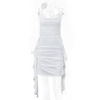Cowl neck flower applique ruched backless solid mini dress