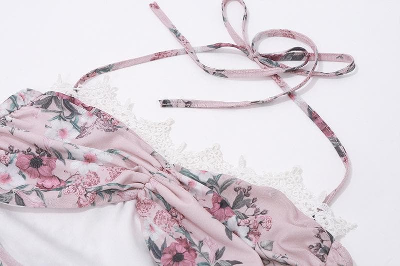 Halter hollow out lace hem flower print gloves mini dress