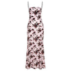 Flower print low cut spaghetti strap contrast lace up backless midi dress