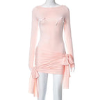 Bowknot ruched solid patchwork long sleeve self tie mini dress