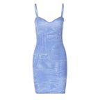 Denim print v neck backless cami mini dress