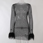 Long sleeve solid see through sheer mesh fluffy round neck mini dress